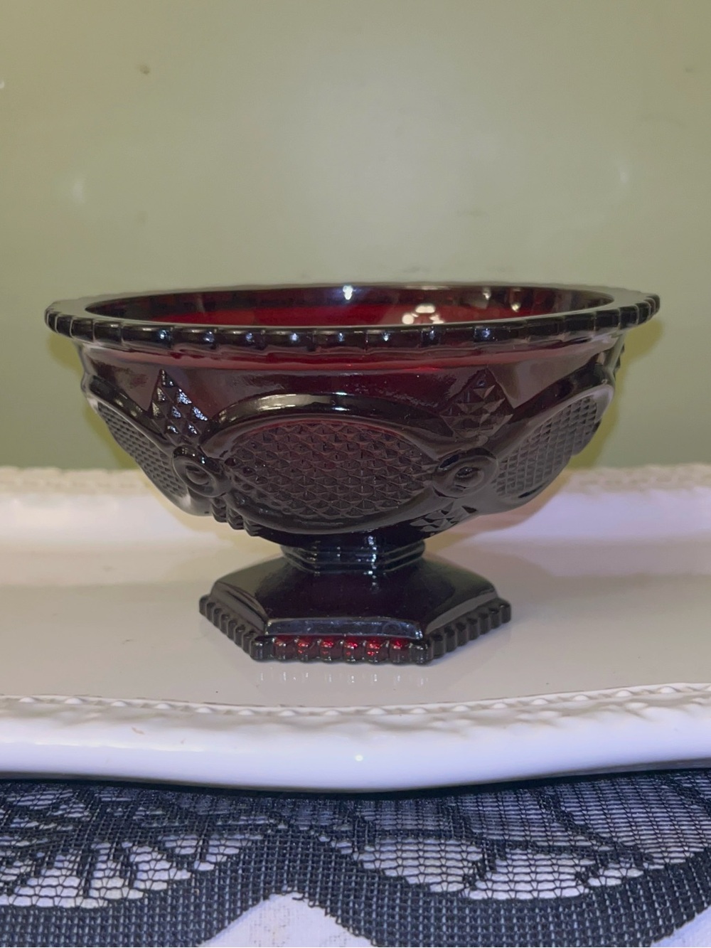 Vintage Avon 1876 Cape Cod Collection Ruby Red Pedestal Candy Dish Bowl